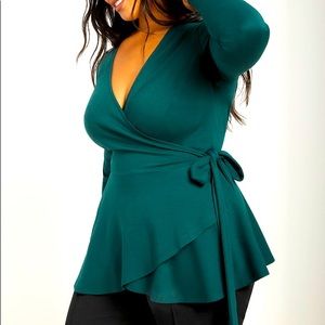 Eloquii Peplum Wrap Top - Teal, long sleeve